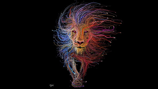 fios leão arte digital colorido usb animais fundo preto ethernet, HD papel de parede HD wallpaper
