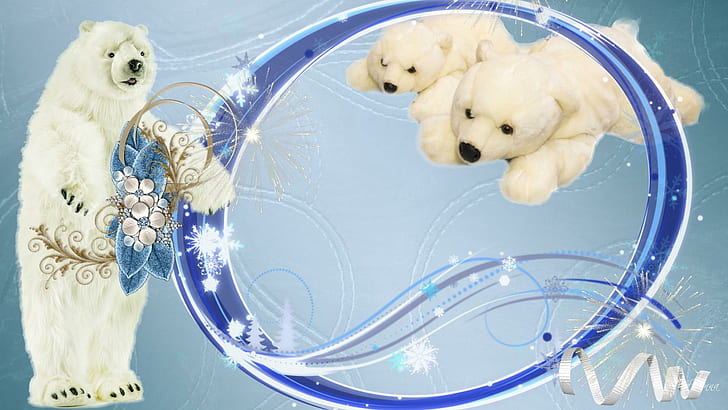 Mistério do urso polar, persona do firefox, animal de pelúcia, frio, círculos, ártico, neve, urso polar, azul, 3d e abstrato, HD papel de parede