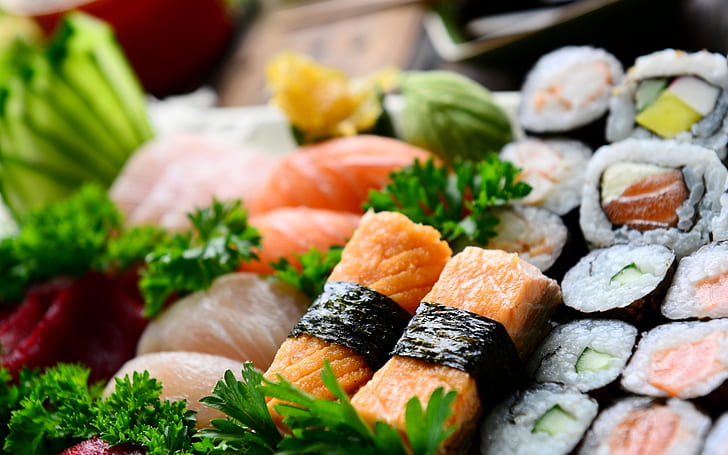 Appetitosi involtini di sushi, sushi, involtini, cibo, cucina giapponese, pesce, Sfondo HD