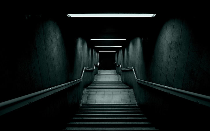 gray concrete stairs, dark, stairs, photography, urban, lights, underground, artwork, HD wallpaper
