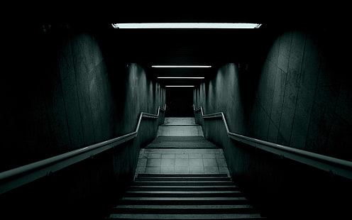 gray concrete stairs, dark, stairs, photography, urban, lights, underground, artwork, HD wallpaper HD wallpaper