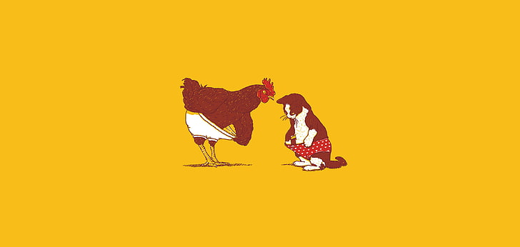 brown hen and kitten illustration, cat, orange, interest, the situation, minimalism, briefs, Kote, cock, face off, knickers, in hearts, who has more, HD wallpaper