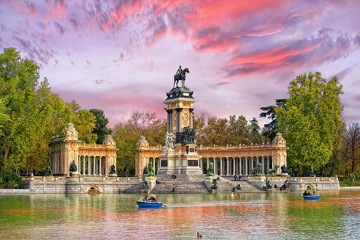 вода, деревья, парк, лодка, памятник, Испания, Мадрид, Ретиро, HD обои