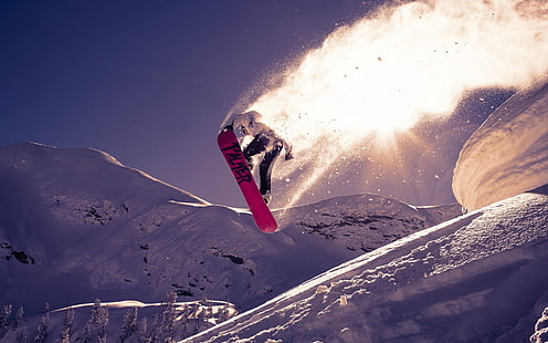 pink snowboard, snowboarding, sunlight, sport, flying, snow, winter, jumping, HD wallpaper HD wallpaper