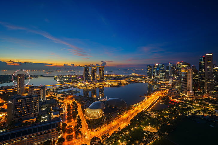 noc, światła, wieżowce, Singapur, architektura, megapolis, niebieski, fontanny, Tapety HD