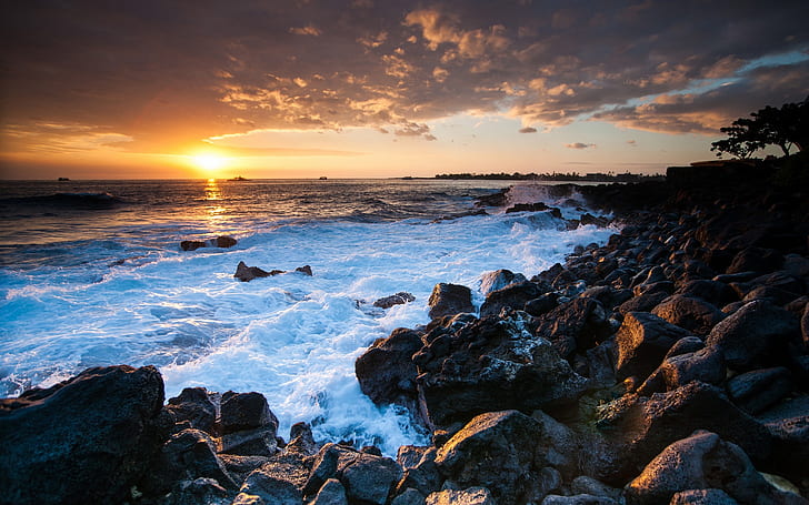 ハワイの海の夕日、岩、海岸、ハワイ、海、夕日、岩、海岸、 HDデスクトップの壁紙