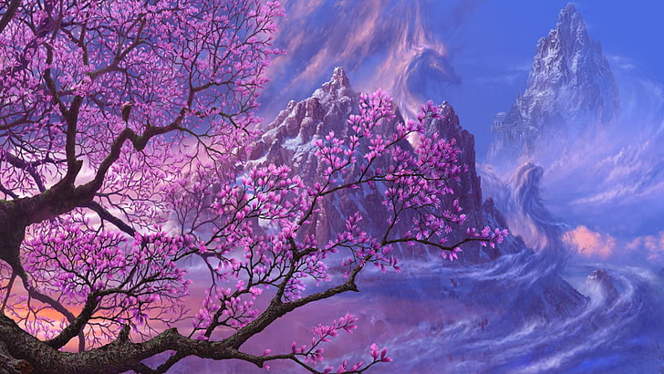 ilustração de árvores de folhas roxas, castelo, ficção, rochas, dragão, figura, sakura, arte, ucchiey, se kazama uchio, HD papel de parede