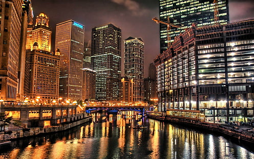 Чикаго ночью, аэрофотосъемка высотного здания, мир, 1920x1200, город, ночь, Чикаго, Иллинойс, HD обои HD wallpaper
