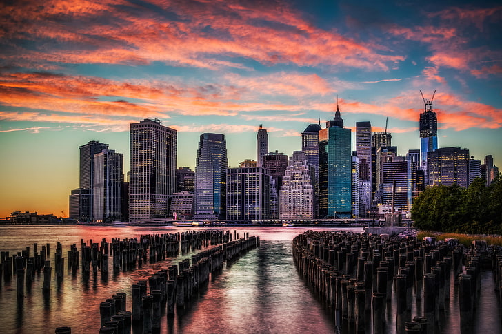 papel tapiz digital de rascacielos, puesta de sol, la ciudad, foto, amanecer, HDR, hogar, Nueva York, rascacielos, cielo de EE. UU., Fondo de pantalla HD