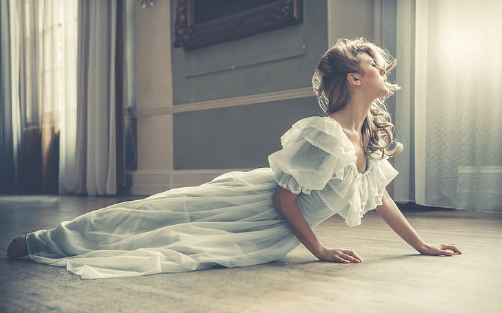 wanita, model, pirang, gaun putih, jendela, Raphaella McNamara, Wallpaper HD