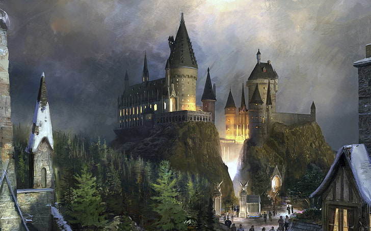 braune Schlossmalerei, Schloss, Fiktion, Fantasie, Hogwarts, Harry Potter, HD-Hintergrundbild