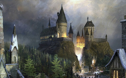 peinture de château brun, château, fiction, fantaisie, Poudlard, Harry Potter, Fond d'écran HD HD wallpaper
