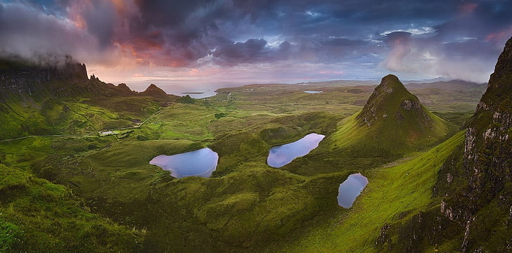 landscape, photography, nature, sunset, hills, lagoon, grass, cliff, clouds, sea, island, Skye, Scotland, HD wallpaper
