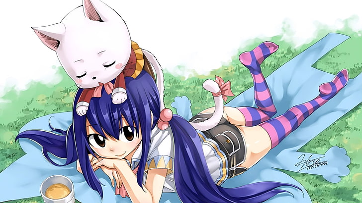 blue haired female illustration, Anime, Fairy Tail, Blue Hair, Brown Eyes, Cat, Charles (Fairy Tail), Girl, Long Hair, Lying Down, Shorts, Smile, Tail, Thigh Highs, Twintails, Wendy Marvell, HD wallpaper