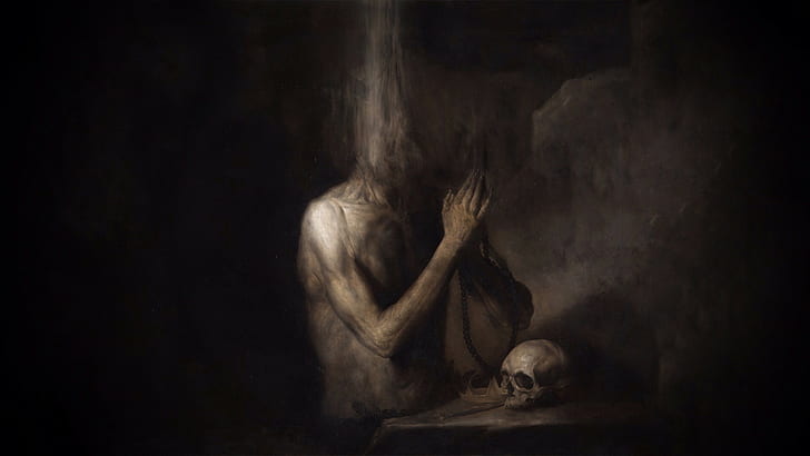 dark, praying, artwork, skull, HD wallpaper