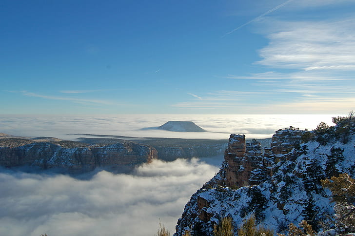 brown snow covered mountain surrounded by sea of clouds during daytime, grand canyon national park, grand canyon national park, Grand Canyon National Park, Inversion, Desert View, photo, covered, mountain, sea of clouds, daytime, Grand Canyon, scenic, South Rim, phenomenon, rare, cloud, weather, overlook, View Point, layer, thermal, national park, nature, scenics, landscape, HD wallpaper