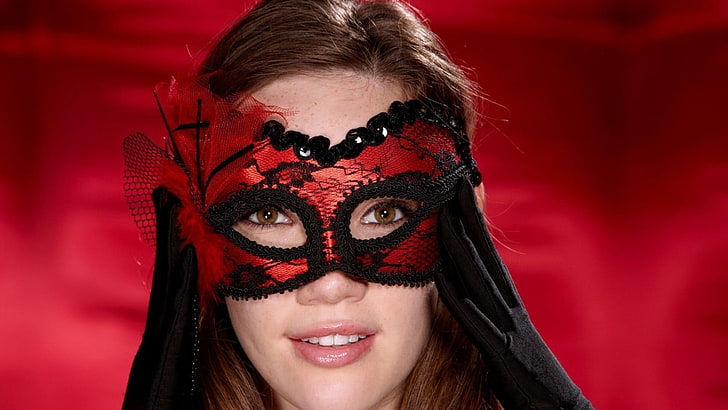 women's red and black masquerade mask, girl, mask, masquerade, face, eyes, HD wallpaper