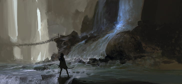 Fantasy, Archer, Girl, Waterfall, Woman Warrior, HD wallpaper