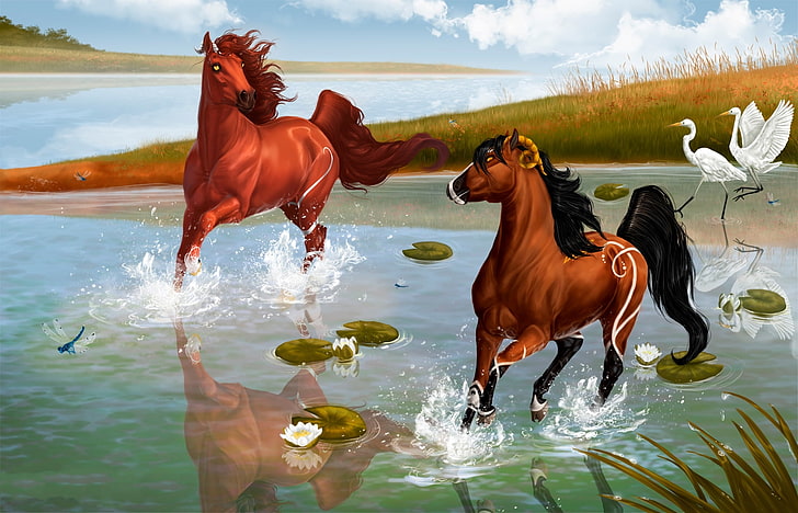 two brown horse on body of water wallpaper, the sky, grass, eyes, water, reflection, line, flowers, birds, earth, blue, dragonfly, horse, mane, reed, tail, horns, painting, Lotus, sky, lines, horses, water lilies, storks, lotuses, water-lilies, Chasing summer, reflections, cane, HD wallpaper