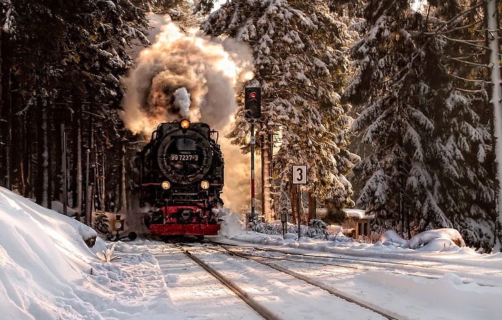 черен и червен парен локомотив влак, зима, гора, сняг, двигател, HD тапет