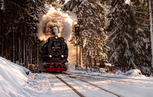قطار قاطرة بخارية باللونين الأسود والأحمر ، شتاء ، غابة ، ثلج ، المحرك، خلفية HD HD wallpaper