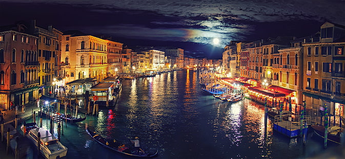 Венеция Большой канал живопись, канал, великий, италия, ночь, отражение, венеция, HD обои HD wallpaper