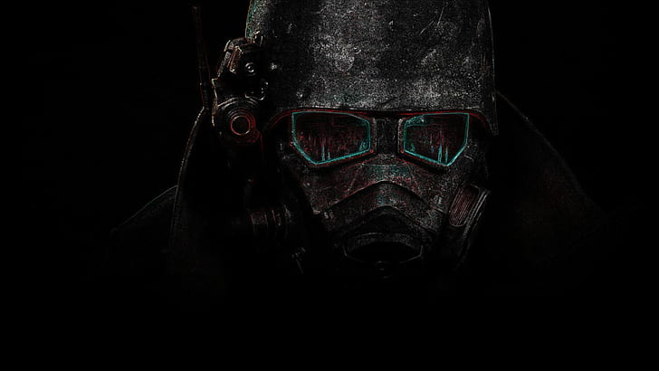 Fallout Black Helmet Dark HD, мъж, носещ противогаз и очила, илюстрация, видео игри, черен, тъмен, Fallout, каска, HD тапет