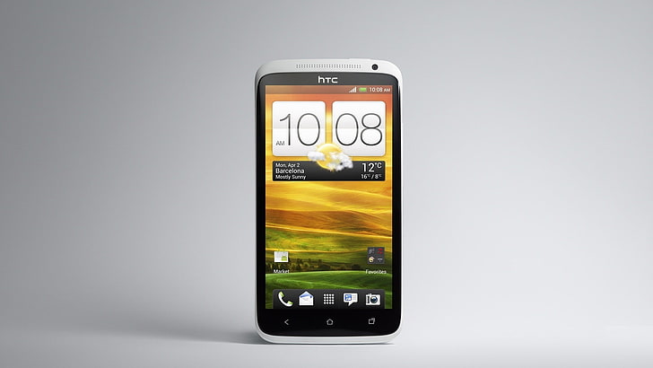 white HTC Android smartphone, time, watch, phone, weather, screen, htc, HD wallpaper