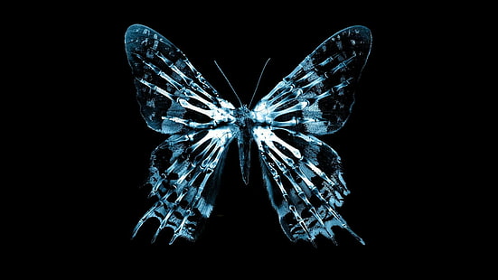 Fringe (serie de TV), mariposas, negro, fondo negro, cian, simple, mariposa, huesos, Fondo de pantalla HD HD wallpaper