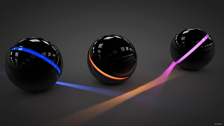 3つの黒いボール、ボール、光、ガラス、ネオン、 HDデスクトップの壁紙