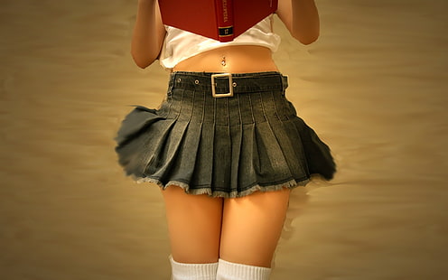rok denim abu-abu, rok, pusar menusuk, denim, wanita, rok mini, setinggi lutut, buku, tindik, Wallpaper HD HD wallpaper