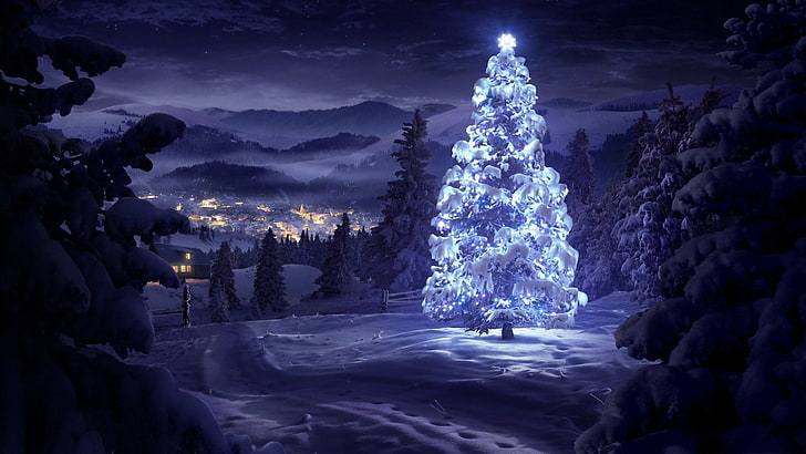 white lighted tree illustration, snow covered area with christmas tree, Christmas, night, landscape, Christmas Tree, mountains, snow, winter, trees, lights, pine trees, violet, city lights, path, stars, HD wallpaper