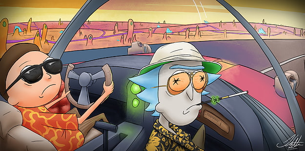 Rick and Morty, drawing, Fear and Loathing in Las Vegas, crossover, cigarettes, HD wallpaper HD wallpaper