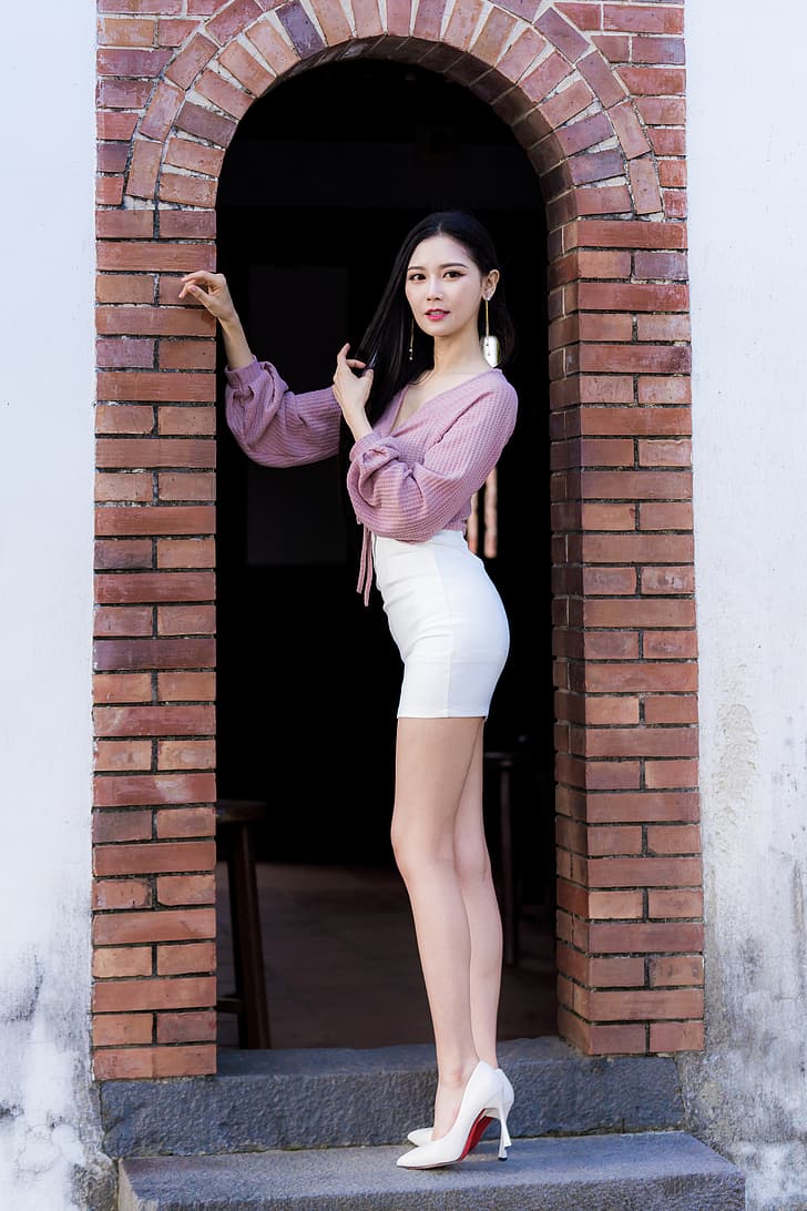 Asian, model, women, long hair, dark hair, blouse, white skirt, white heels, doorways, bricks, earrings, stairs, HD wallpaper