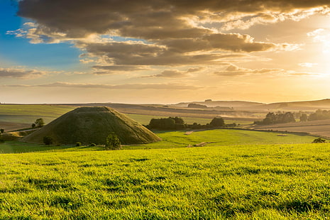 landscape photography of green grass field and mountain, silbury hill, silbury hill, Silbury Hill, Sun set, landscape photography, green grass, grass field, mountain, Avebury, Nikon D7100, Project, Exposures, Tamron, VC, Sunset, Amazing, Light, cloudy, day, nature, agriculture, rural Scene, field, landscape, farm, hill, meadow, outdoors, scenics, summer, sky, land, grass, green Color, cloud - Sky, landscaped, sunrise - Dawn, HD wallpaper HD wallpaper