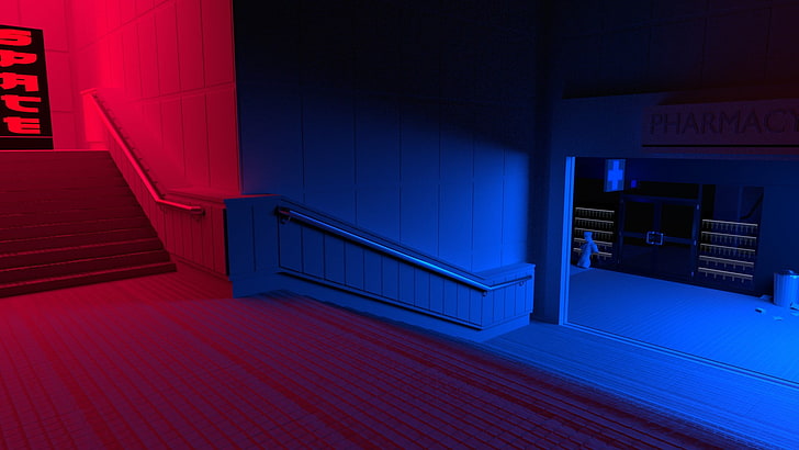 إطار سرير خشبي أبيض وأسود ، أحمر ، أزرق ، سلالم ، vaporwave، خلفية HD