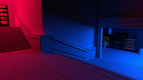 bingkai tempat tidur kayu hitam dan putih, merah, biru, tangga, vaporwave, Wallpaper HD HD wallpaper