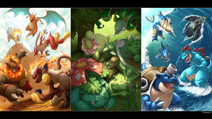 Pokémon, Dracaufeu, Torank, Florizare, collage, démarreurs, pokemon troisième génération, Pokemon première génération, Pokemon deuxième génération, Fond d'écran HD