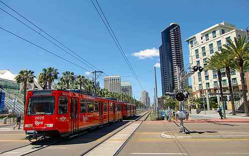красный трамвай, троллейбус, городской пейзаж, сан-диего, калифорния, сша, HD обои HD wallpaper