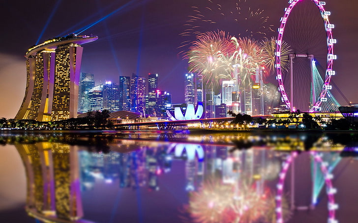 Лондон Златно око, Сингапур, архитектура, фойерверки, светлини, нощ, отражение, Марина Бей, виенско колело, град, градски пейзаж, небостъргач, HD тапет