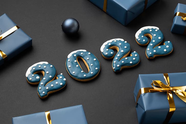 latar belakang, bola, kue, angka, hadiah, Tahun baru, 2022, Wallpaper HD