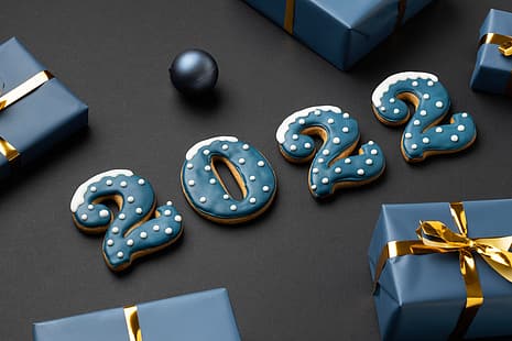 фон, топка, бисквитки, фигури, подаръци, Нова година, 2022, HD тапет HD wallpaper