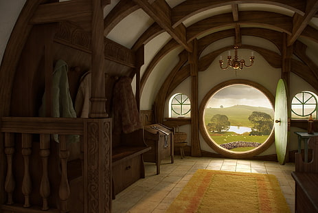 brązowy drewniany dom, dom, wnętrze, Nora, drzwi, Władca pierścieni, sztuka, hobbit, władca pierścieni, wejście, hobbit, Shir, Tapety HD HD wallpaper