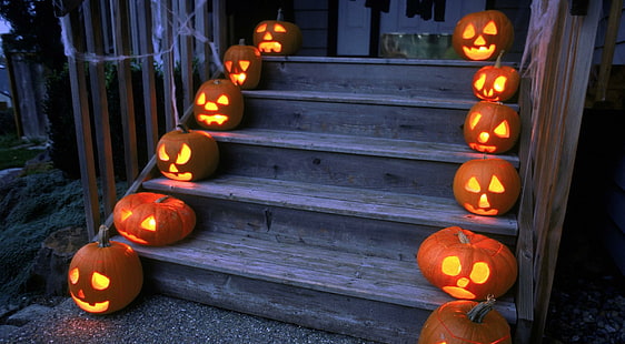 halloween, holiday, pumpkin, stairs, porch, jack o lantern decors, halloween, holiday, pumpkin, stairs, porch, HD wallpaper HD wallpaper