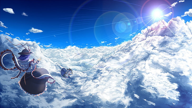 푸른 하늘과 흰 태양 벽지, 구름, 동방, Hinanawi Tenshi, Shirayuki Mutsumi, 하늘, HD 배경 화면