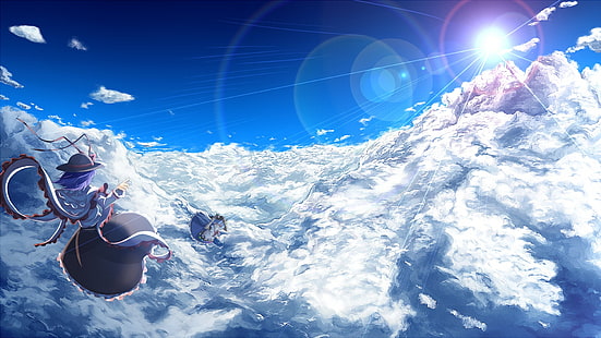 Fondo de pantalla de cielo azul y sol blanco, nubes, Touhou, Hinanawi Tenshi, Shirayuki Mutsumi, cielo, Fondo de pantalla HD HD wallpaper