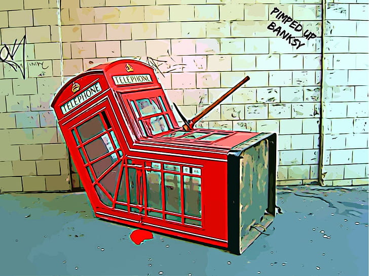 Banksy, digital art, Graffiti, humor, London, Phone Box, HD wallpaper