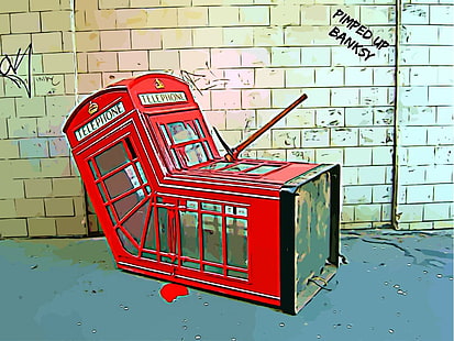 Банкси, дигитално изкуство, графити, хумор, Лондон, телефонна кутия, HD тапет HD wallpaper