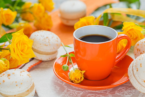 coffee, cookies, Cup, macaron, yellow roses, HD wallpaper HD wallpaper