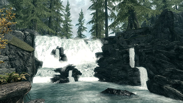 waterfalls and trees, The Elder Scrolls V: Skyrim, waterfall, trees, HD wallpaper